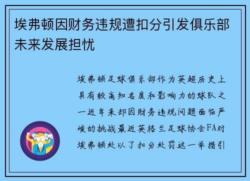 埃弗顿因财务违规遭扣分引发俱乐部未来发展担忧 埃弗顿因财务违规遭扣分引发俱乐部未来发展担忧
